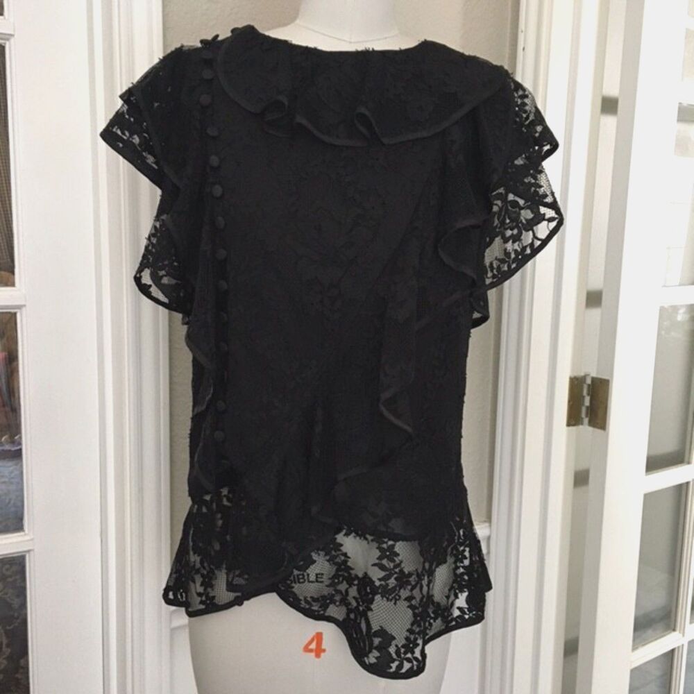 EUC Erdem X H&M Black Lace Ruffle Button Top M